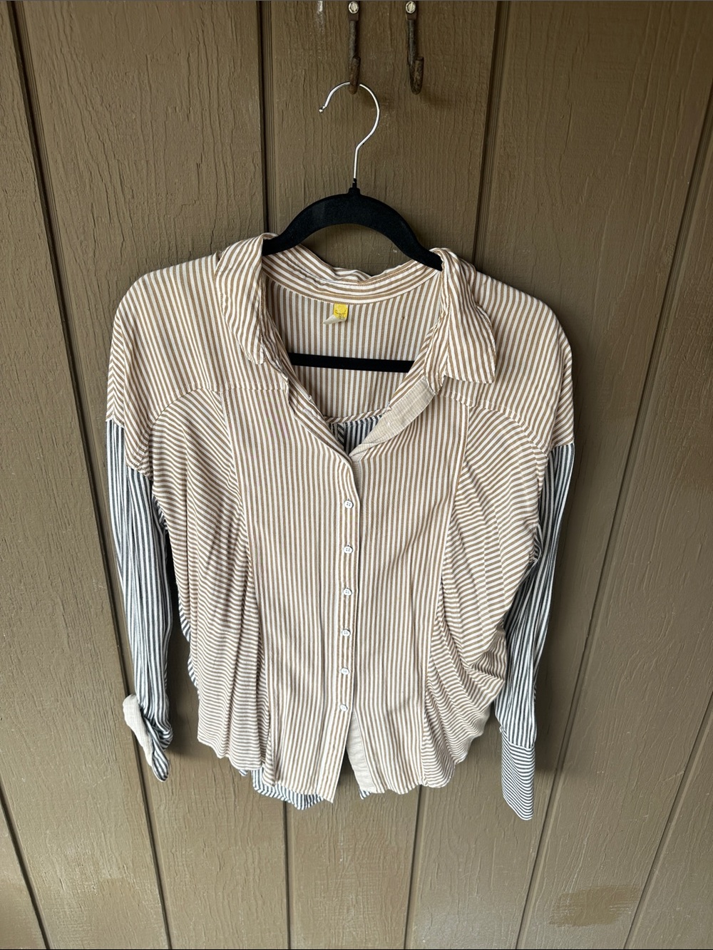 Free People Two-Tone Striped Button-Down Shirt in Beige and Gray